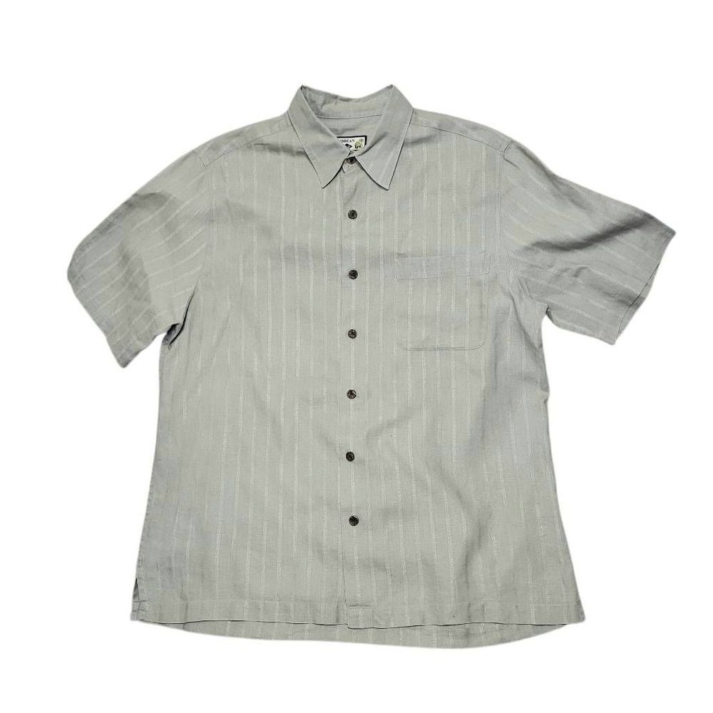 Carribean Joe Shirt Men's Large Gray 100% Linen Short Sleeve Collared Button Fro